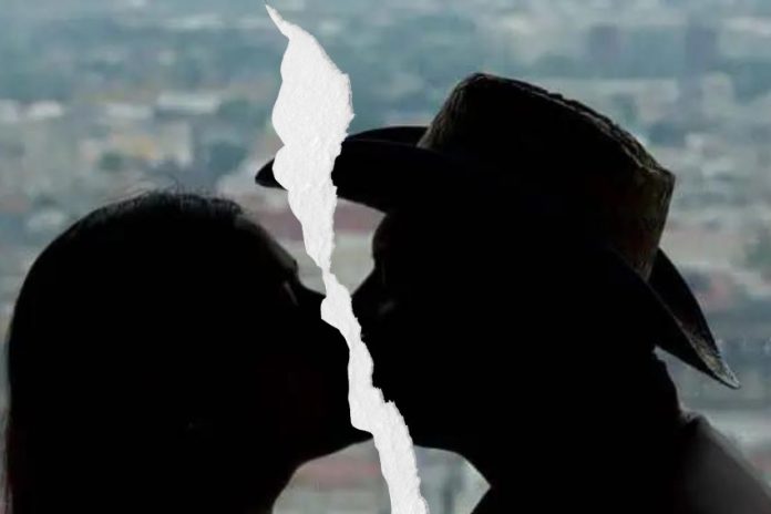Couple kissing each other, but the photo is broken in half because they broke up