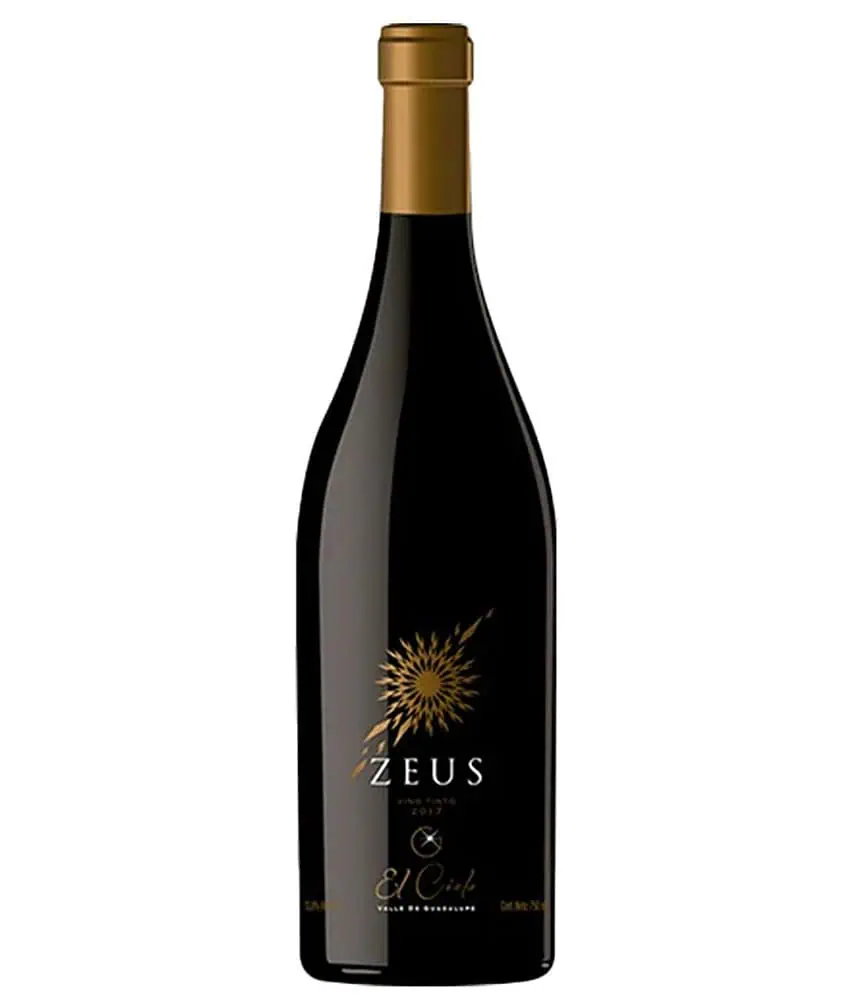 Bottle of El Cielo winery's Zeus Tinto 2020. The bottle is black with gold foil at the top and a stylized blazing sun logo at the center