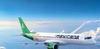 A plane with the Mexicana airline logo flies above the clouds to an unknown destination.