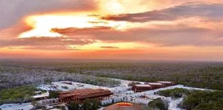 An overhead view of buildings in Jaguar Park in Tulum