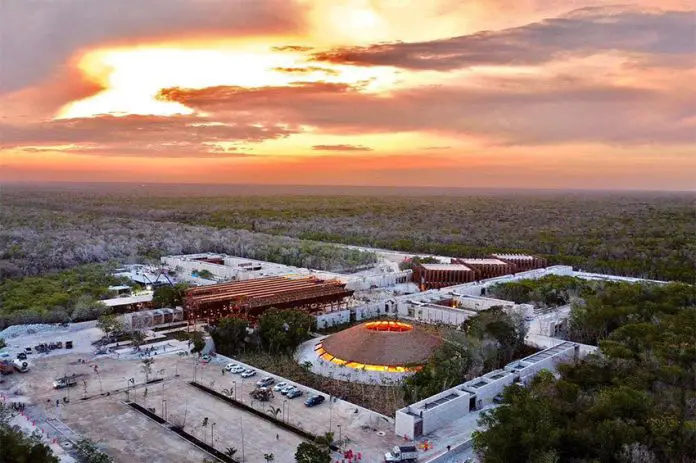 An overhead view of buildings in Jaguar Park in Tulum