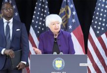U.S. Treasury Secretary Janet Yellen announces the new sanctions against La Nueva Familia Michoacana, speaking at a podium