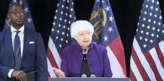 U.S. Treasury Secretary Janet Yellen announces the new sanctions against La Nueva Familia Michoacana, speaking at a podium