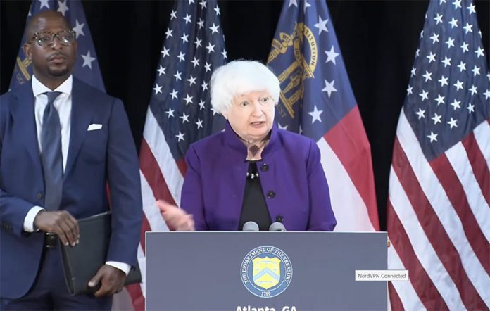 U.S. Treasury Secretary Janet Yellen announces the new sanctions against La Nueva Familia Michoacana, speaking at a podium