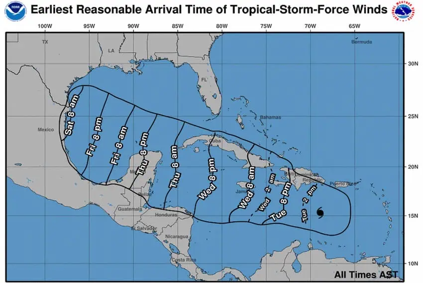 A map of storm winds from Hurricane Beryl and their projected arrival time