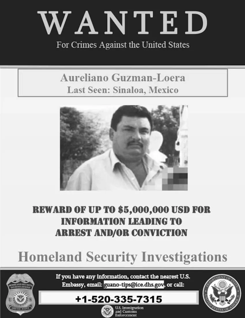 Wanted poster of US Justice Department showing an old black and white photo of Aureliano Guzman and vital details and information about him