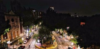 A well-lit avenue known as a "Sendero Seguro" in Condesa, Mexico City