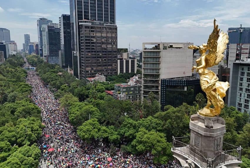 Mexico City's 46th LGBTQ+ pride parade seen from above Paseo de la Reforma