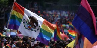 A flag flies at the 2024 Mexico City pride parade