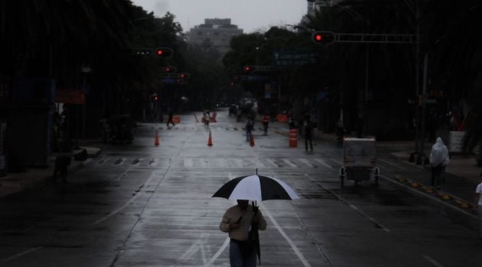 A person walks holding an umbrella in the rain