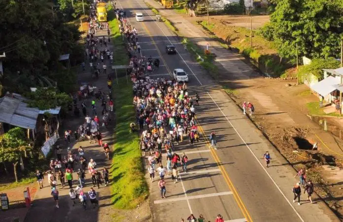 A migrant caravan arriving in Tapachula, Chiapas on Sunday