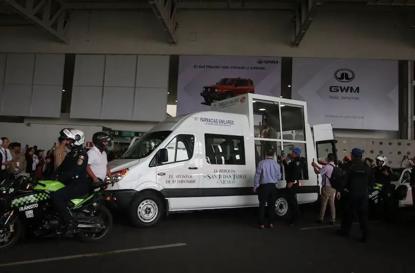 Upon arriving at Mexico City International Airport on Monday, the relic was placed in a white van with large windows.