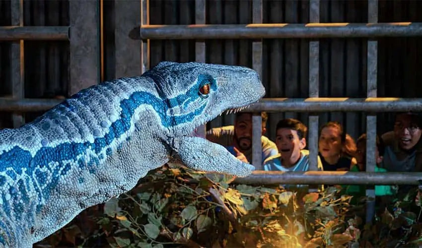 Blue animatronic dinosaur velociraptor with open mouth staring out a cage at adults and children visiting the Jurassic World exhibit.