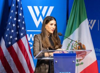 Lila Abed, director of the Mexico Institute and expert in Mexico-U.S. relations, speaks on stage at a Wilson Center event.