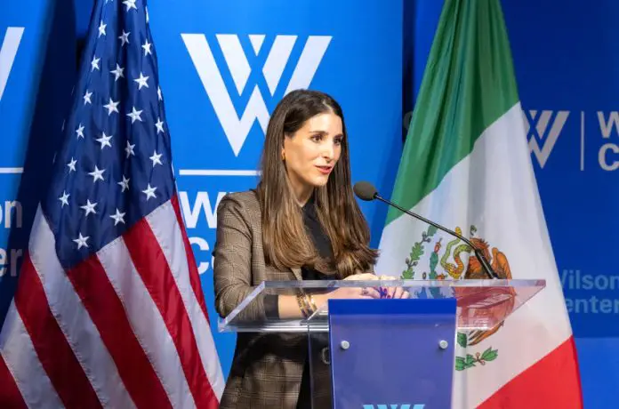 Lila Abed, director of the Mexico Institute and expert in Mexico-U.S. relations, speaks on stage at a Wilson Center event.