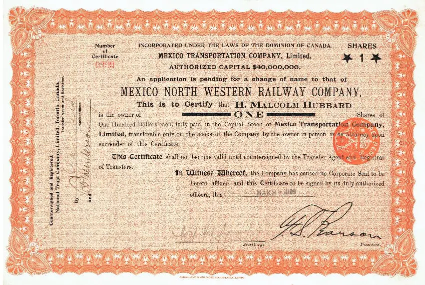 Mexico Transportation Company certificate