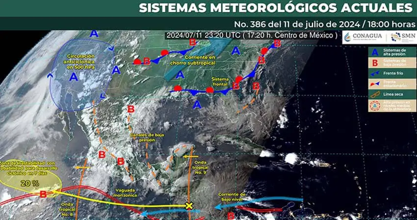 Satellite weather map from Mexico's National Meteorological Service labeling several weather systems and two tropical waves currently bringing heavy rains to most of Mexico