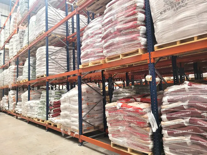 Malt in bags in a warehouse