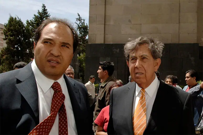 President-elect Sheinbaum's new chief of staff, Lázaro Cárdenas Batel, at an outdoor event with his father Cuauhtémoc Cárdenas.