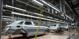 An Audi car body on a production line in a factory in Mexico