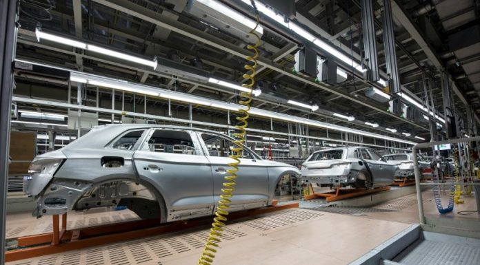 An Audi car body on a production line in a factory in Mexico