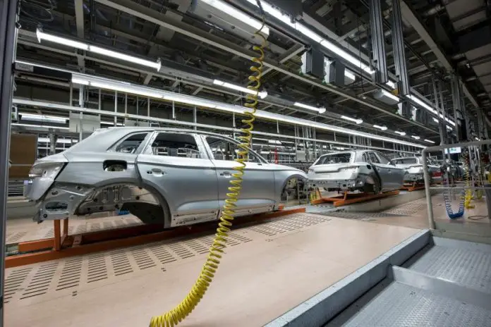 An Audi car body on a production line in a factory in Mexico