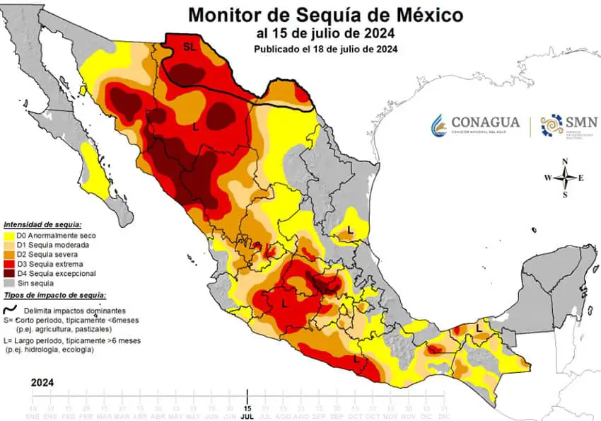 A map of Mexico showing areas affected by drought after recent rains.