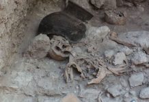 Human remains at the bottom of a cavity in Uxul, Campeche