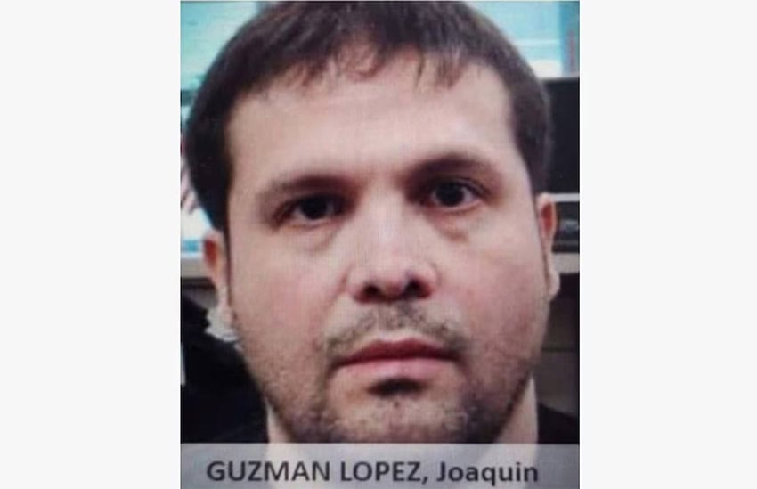 A mugshot-style photo of Joaquín Guzmán López, Sinaloa Cartel leader and son of "El Chapo"