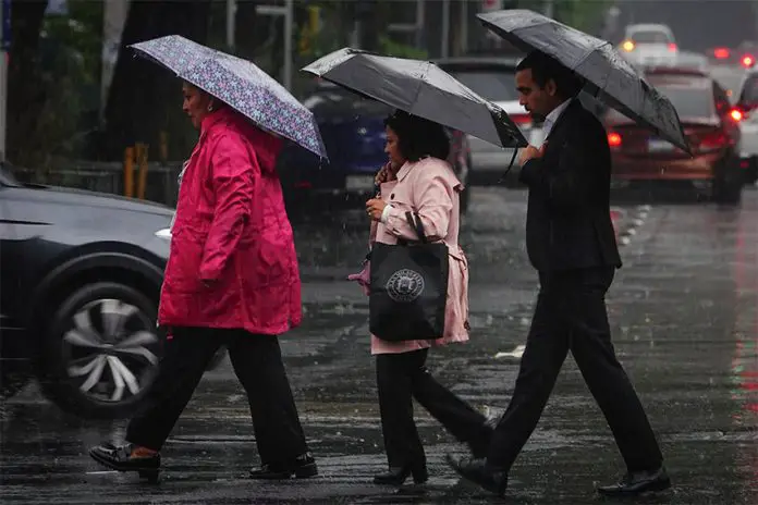 Three Mexico City residents in single file, crossing a rainy street carrying umbrellas.