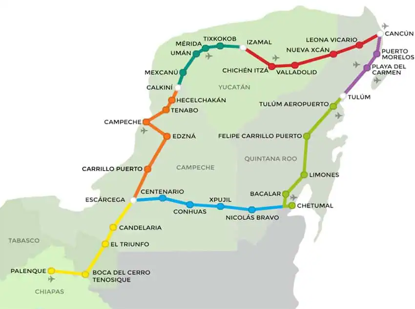 A map showing the planned route of the Maya Train, which forms a circuit around the Yucatán Peninsula.