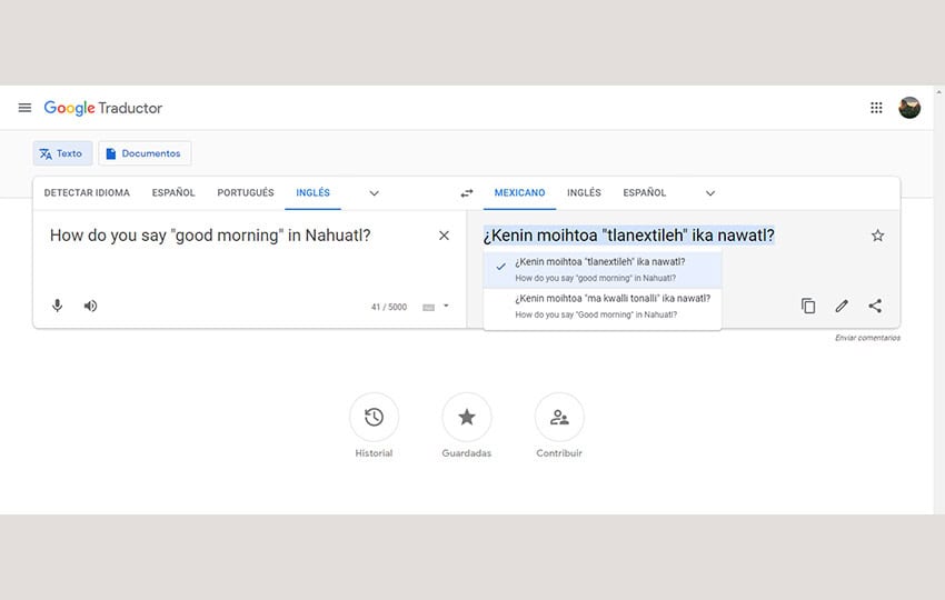 A screenshot showing a Nahuatl translation on Google Translate