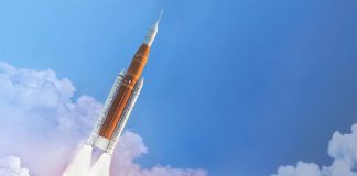 A rocket blasts through clouds and into the blue sky, representing Querétaro airport's goal of becoming an aerospace port