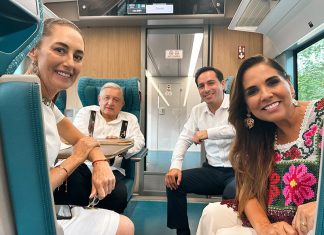 What’s next for the Maya Train? President-elect Sheinbaum plans for the railroad’s future Claudia Sheinbaum, AMLO and Mara Lezama sit in a car of the Maya Train.