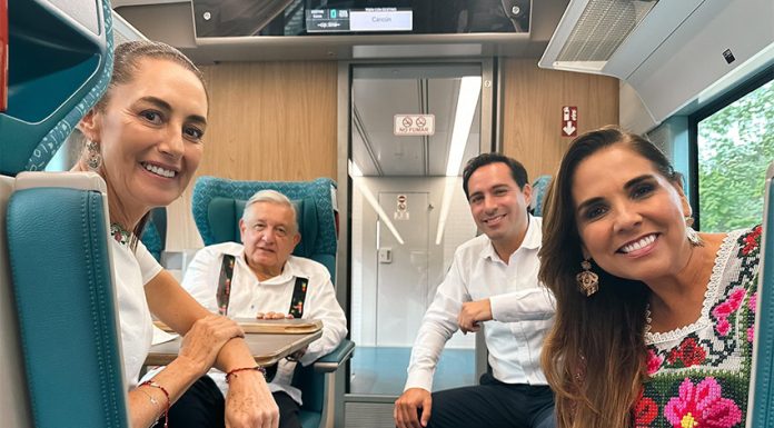 What’s next for the Maya Train? President-elect Sheinbaum plans for the railroad’s future Claudia Sheinbaum, AMLO and Mara Lezama sit in a car of the Maya Train.