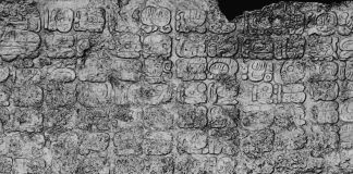 Ancient Maya stela containing hieroglyphics found at Coba archeological zone in Quintana Roo