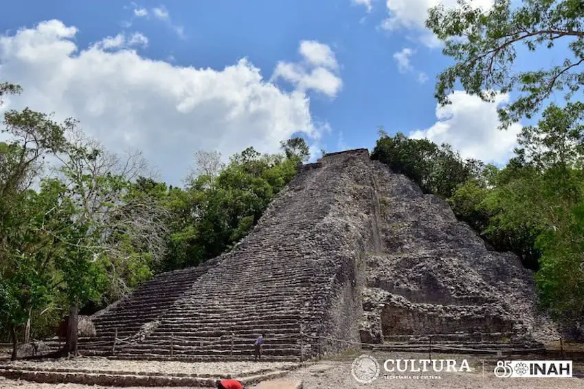 Nohoch Mul pyramid at Coba archeological site in Quintana Roo featuring narrow vertical steps on the facade