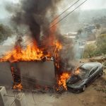 Tesla car in Tijuana next to a gutted building on fire.