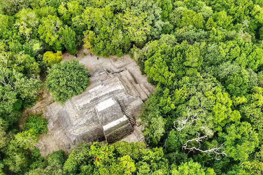 Aerial view of the archaeological site of Ichkabal in Quintana Roo, surrounded by jungle