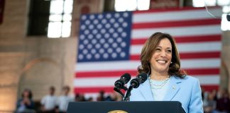 Vice President Kamala Harris at a podium
