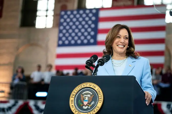 Vice President Kamala Harris at a podium