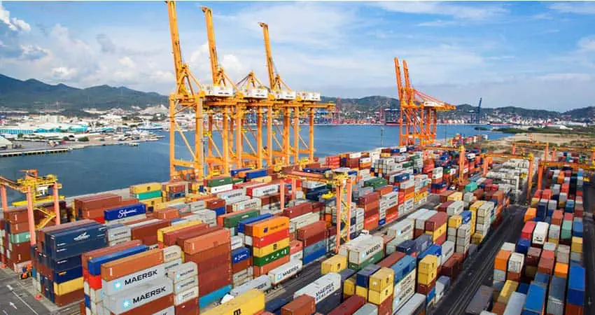 Hundreds of shipping containers stacked up on the docks at the Port of Manzanillo in Colima, Mexico