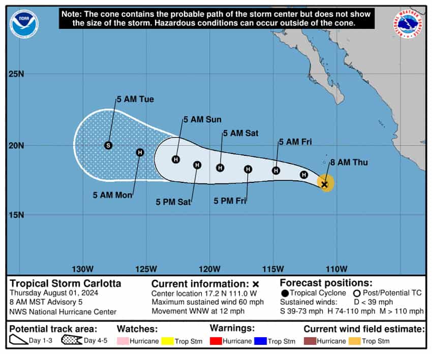 NHC Tropical Storm Carlotta trajectory