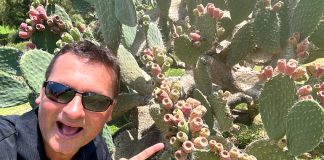 Travis Bembenek points to prickly pear fruit