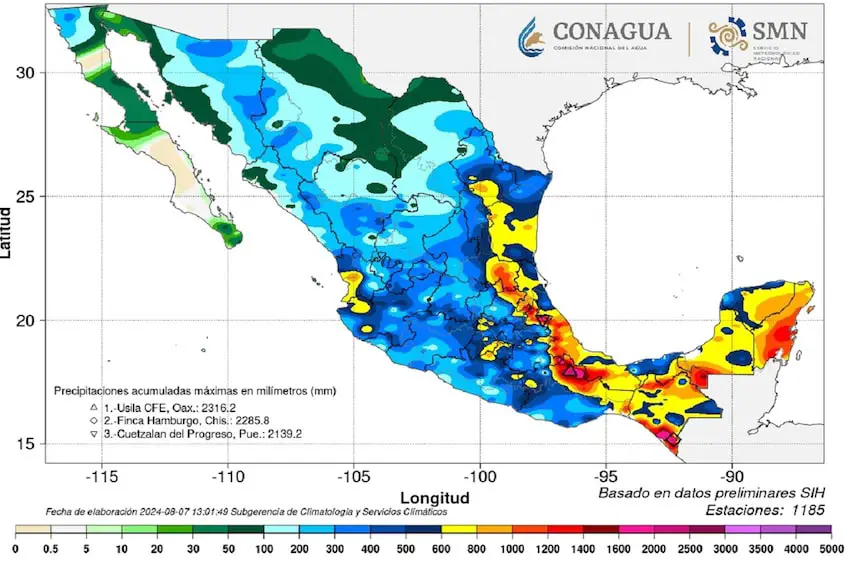 Accumulated rainfall (mm) through August 6, 2024. 