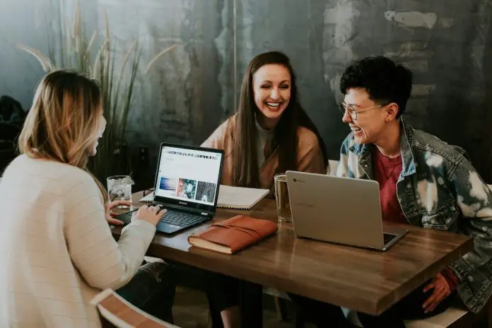 Three people in a remote meeting