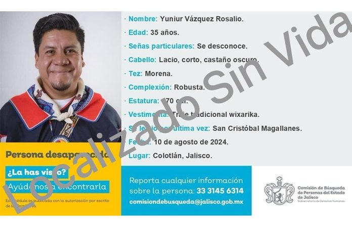 The missing person's alert for Yuniur Vázquez Rosalío, an Indigenous leader whose death has raised questions in Jalisco.