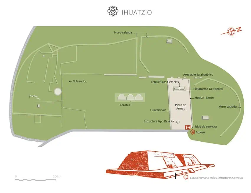 A map showing the location of the collapsed pyramid within the Ihuatzio archaelogical site in Michoacán.