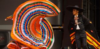 Man and woman folkloric dancers performing the hat dance.