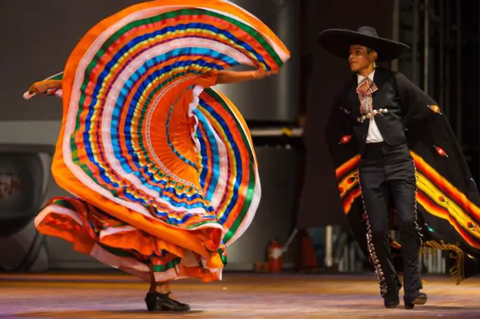 Man and woman folkloric dancers performing the hat dance.